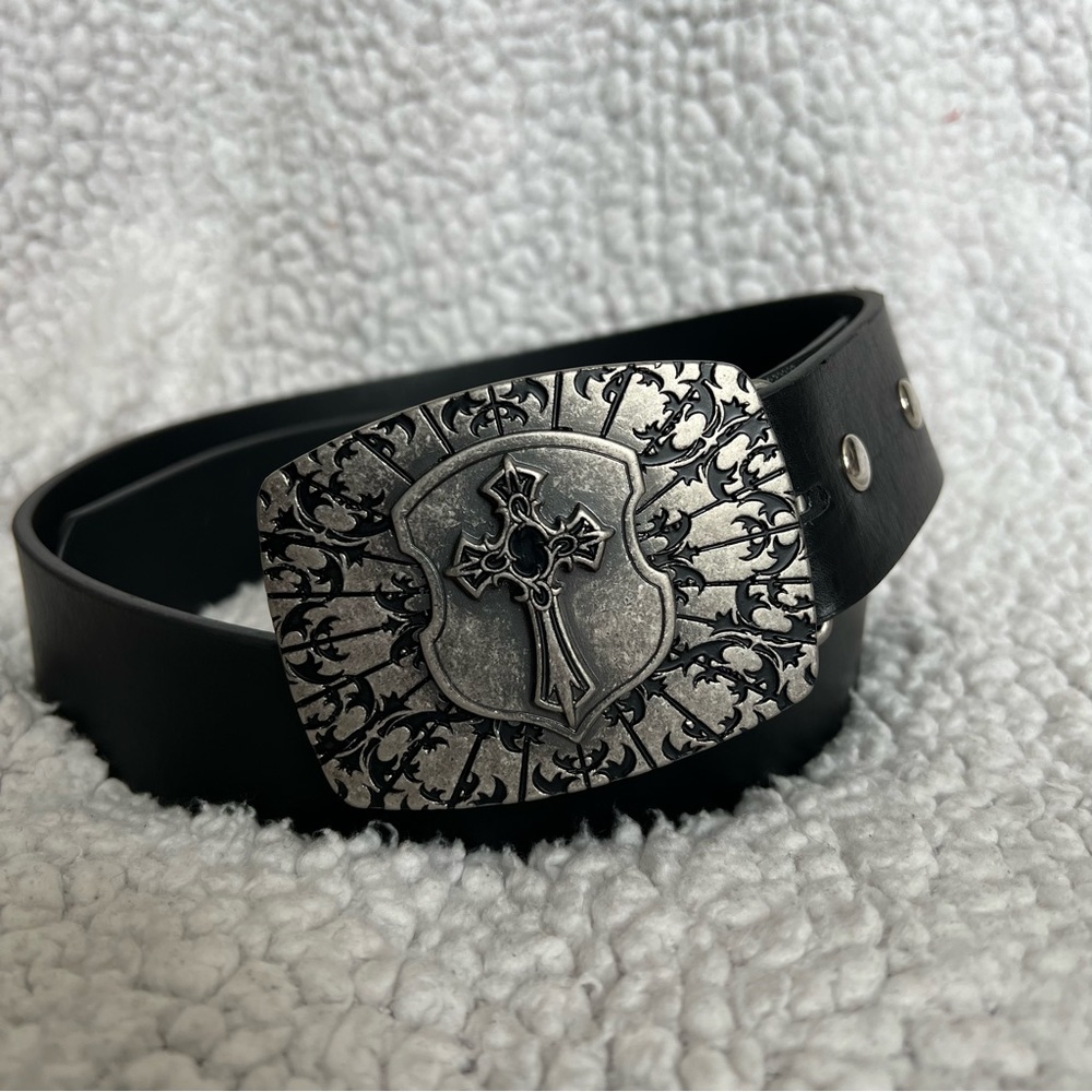 Chrome Cross Belt Buckle with Black Belt - Size 32